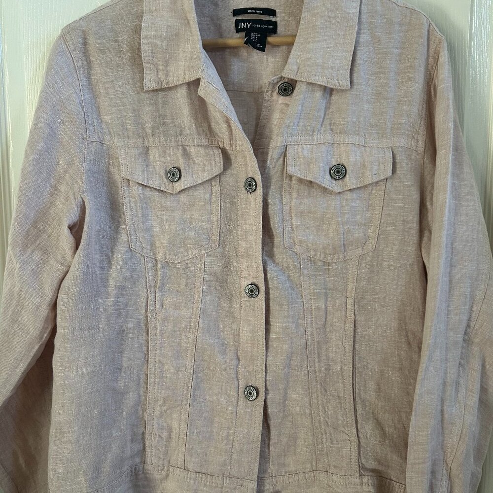 Jone New York JNY Jacket 100% Linen Pink Cropped Trucker SZL Lightweight Boho - Picture 4 of 9